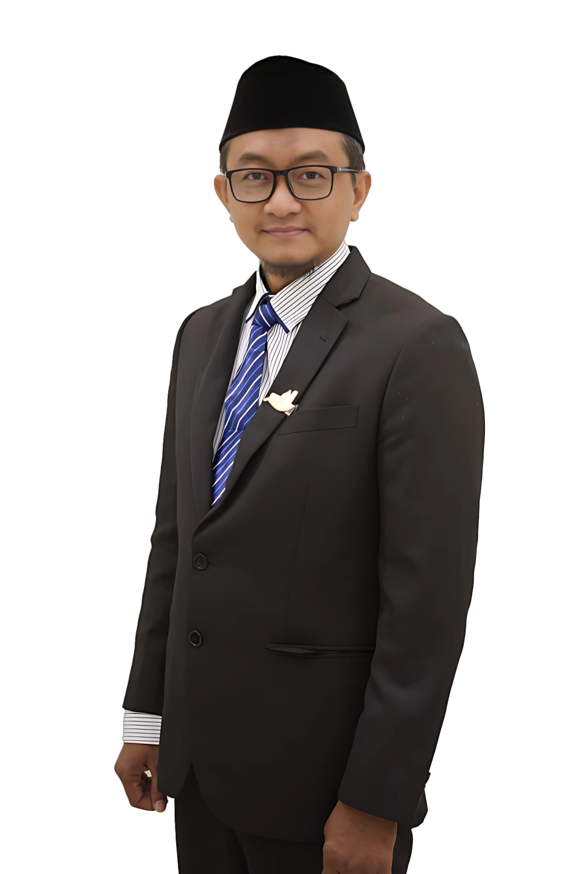Man smiling wearing academic robe and graduation cap with blue tassel